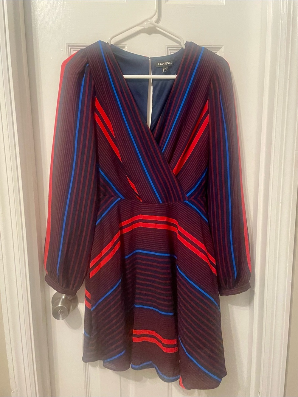 Express Women's Navy Dress with Red & Electric Blue Stripes